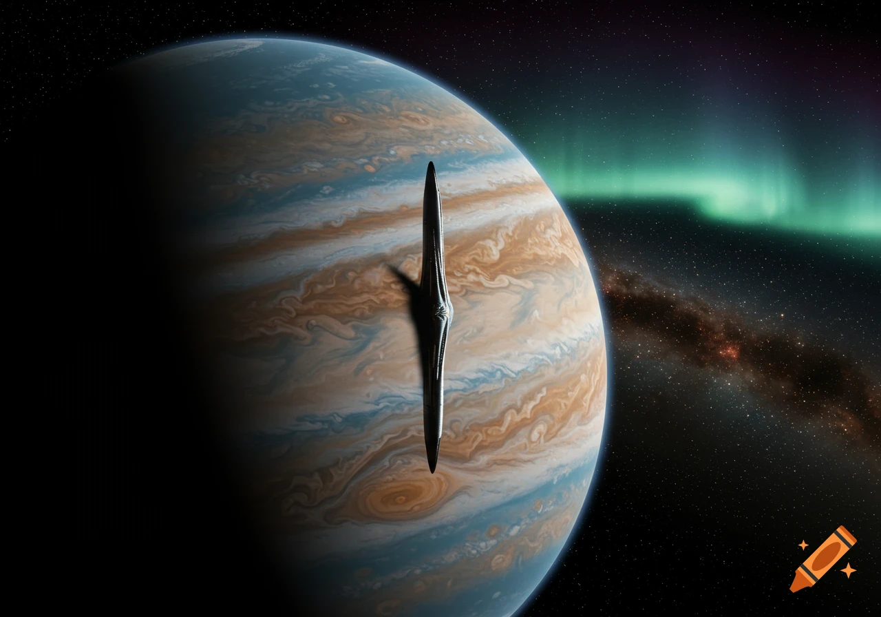 A black, needle-like unknown object casts a shadow on a striped gas giant planet in space, with green auroras and stars.