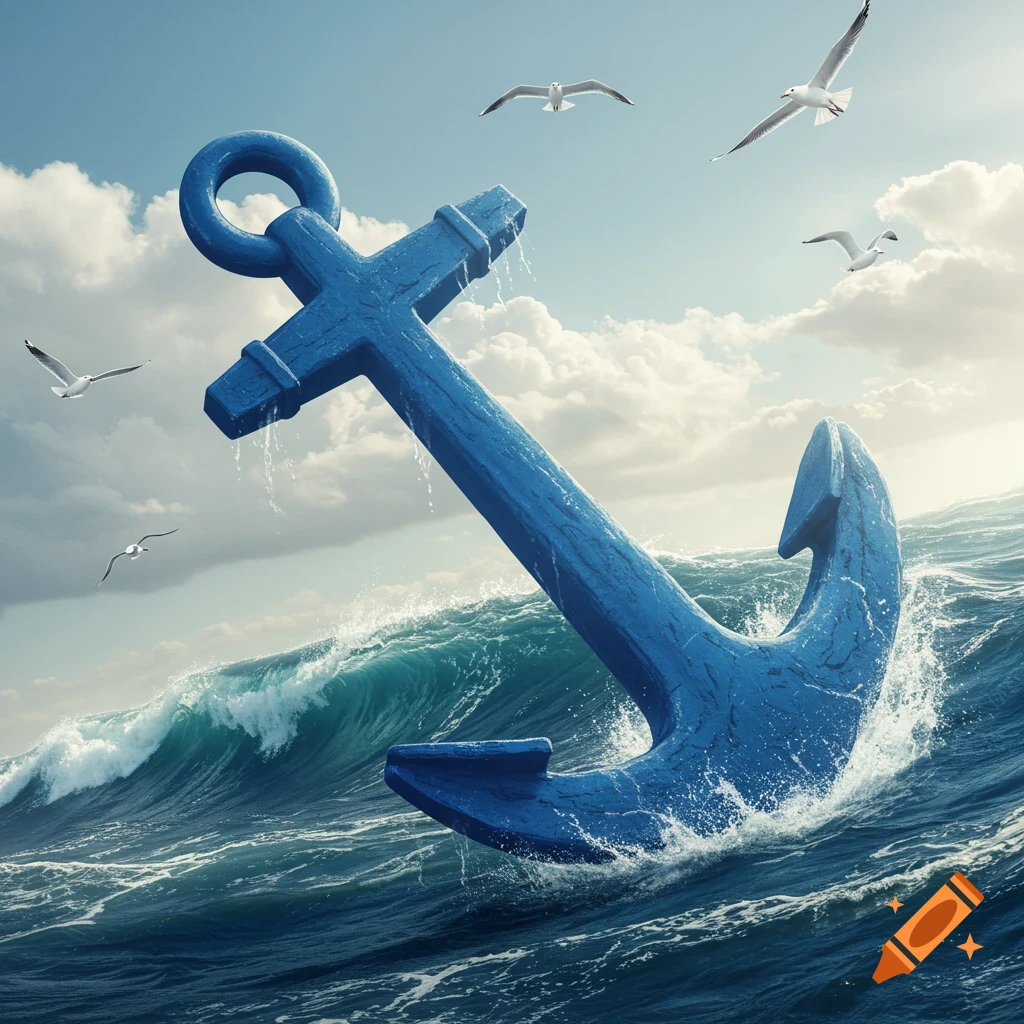A large blue anchor emerges from stormy ocean waves under a cloudy sky with seagulls flying above.