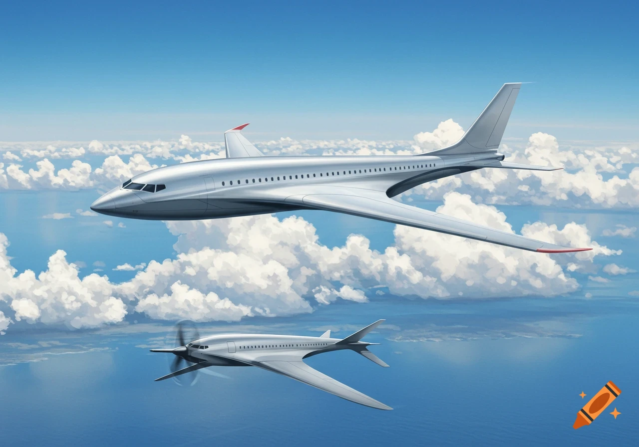 Two futuristic silver airplanes with unique wing designs fly among white clouds over a blue ocean.