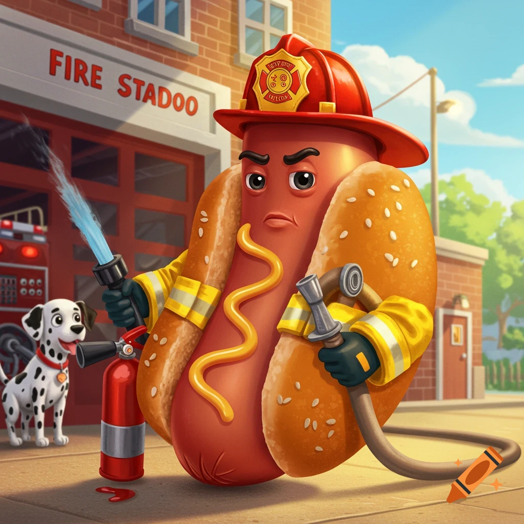 A cartoon hotdog firefighter holds a hose and extinguisher in front of a fire station with a dalmatian.