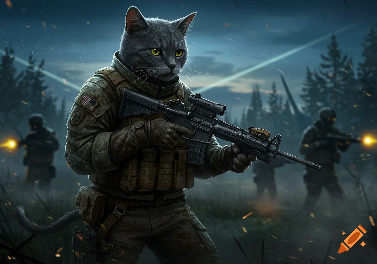 A realistic gray cat in military fatigues holds a rifle, with other soldiers and muzzle flashes in a dark forest background.