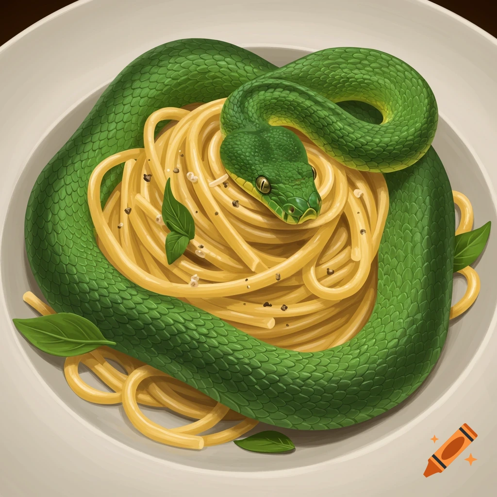 A vibrant green snake coiled around a bowl of spaghetti with basil leaves and pepper, rendered in a realistic illustration style.