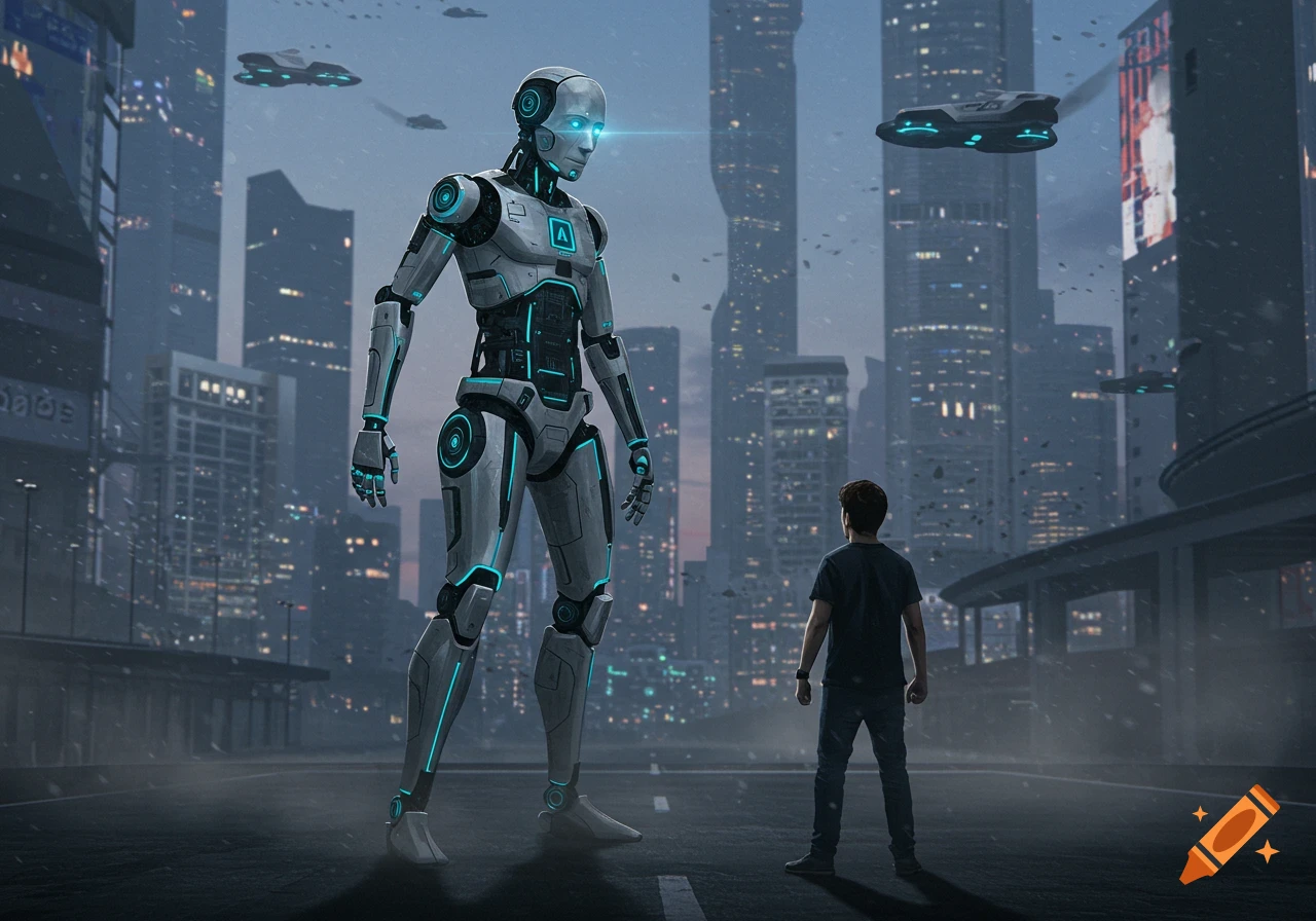 A large humanoid robot with glowing blue lines stands facing a small human in a futuristic city with flying vehicles. Photorealistic style.