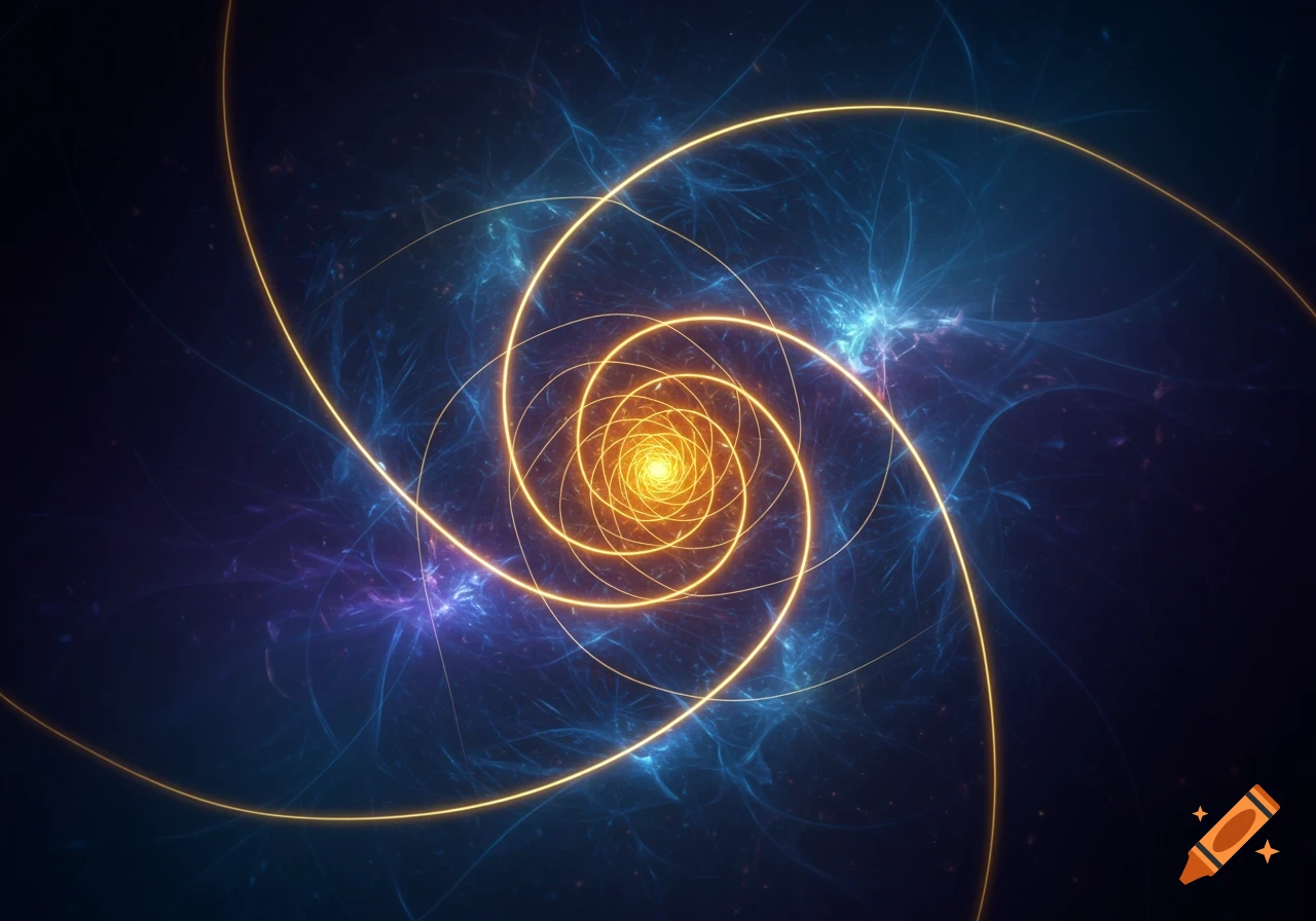 A vibrant golden spiral against a dark, swirling abstract background with blue and purple light wisps.