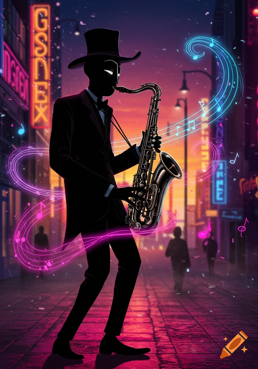 A blacked-out figure in a fedora and suit plays a saxophone on a neon-lit street, surrounded by glowing musical notes. Stylized art.