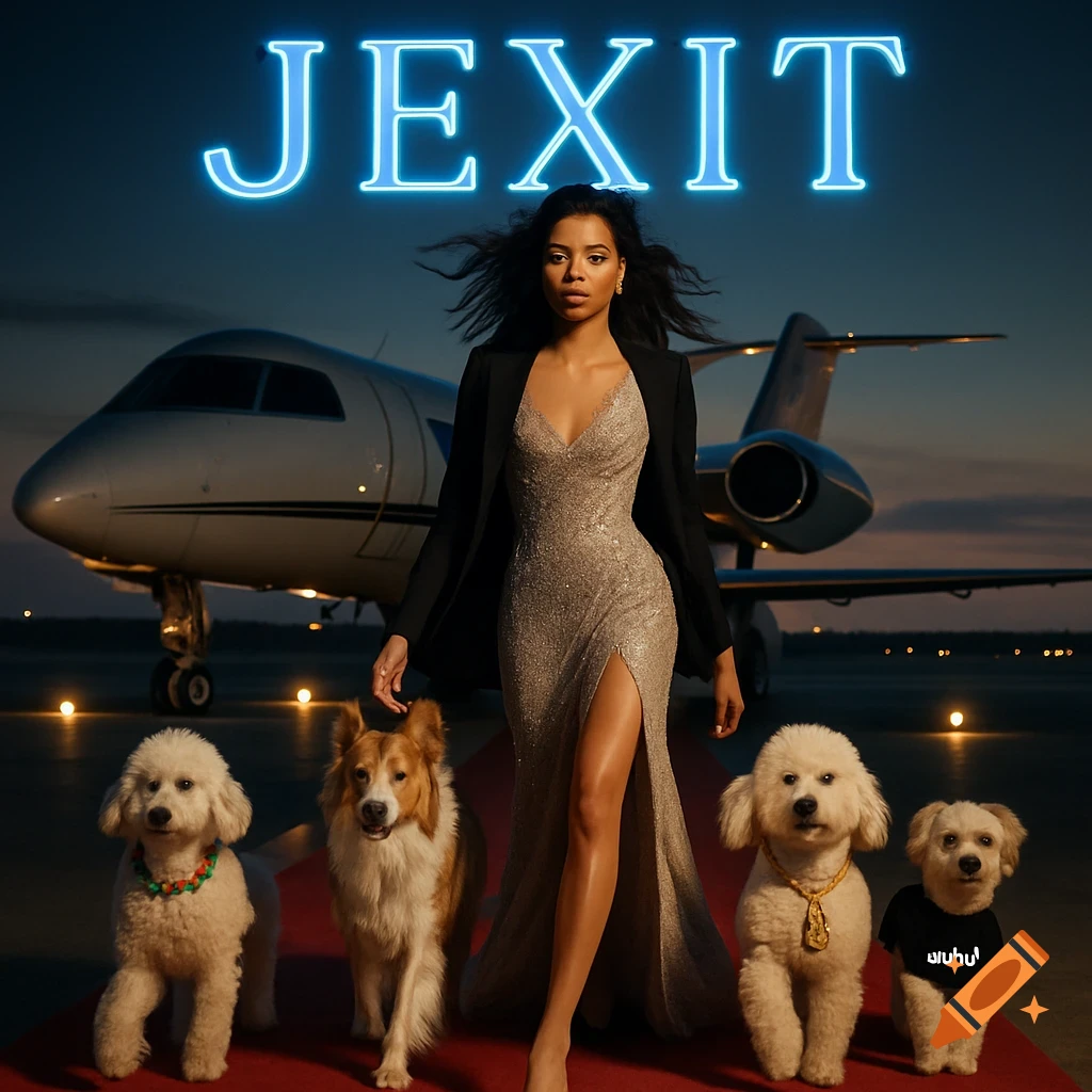 A glamorous mixed-race woman in a sparkling gown and black blazer walks on a red carpet with four dogs, a private jet and runway lights behind her at dusk. The glowing blue neon word 'JEXIT' is above.