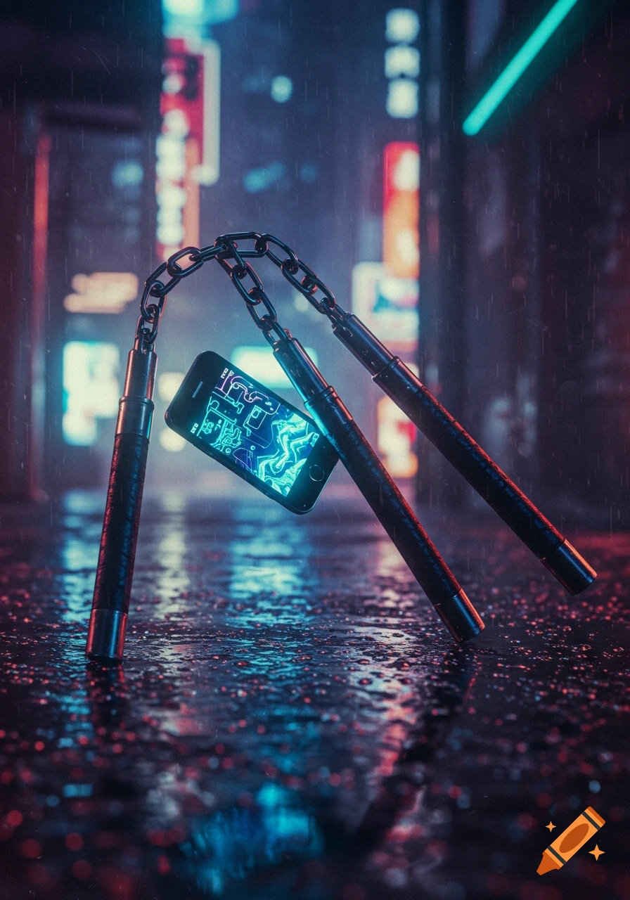 Cyberpunk nunchucks made of phones with glowing circuit screens stand on a wet, neon-lit street in the rain.