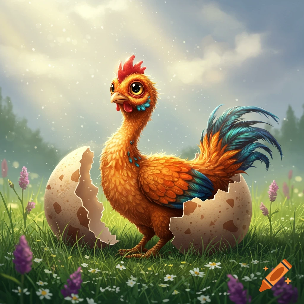 A cute, colorful chicken-dragon hatches from a cracked egg in a sunny, grassy field with flowers, cartoon style.