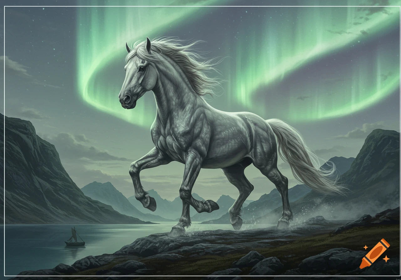 A majestic white horse stands on a rocky shore at night, with mountains, a lake, and a vibrant green aurora borealis in the sky.