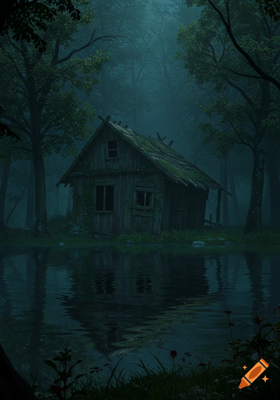 A dilapidated wooden cabin with a mossy roof stands by a dark, misty lake surrounded by a dense, eerie forest.
