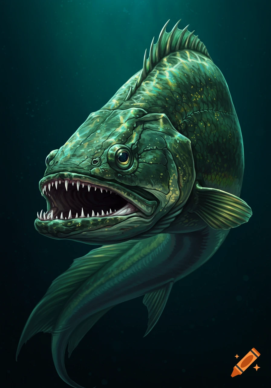 A green, scaly monster fish with sharp teeth and an open mouth swims in dark water, depicted in a digital illustration style.