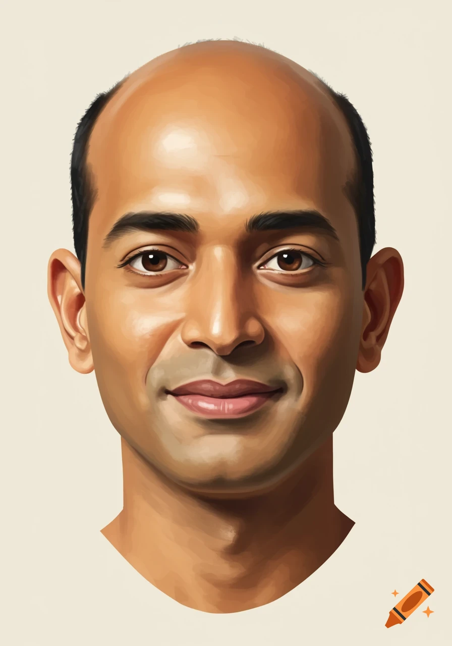 Digital painting of a bald Indian man with a slight smile, looking forward in a passport style.