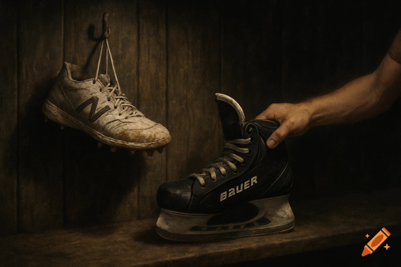 A hand holds a black ice skate on a wooden shelf, next to a white baseball cleat hanging on a hook, in a moody, realistic style.