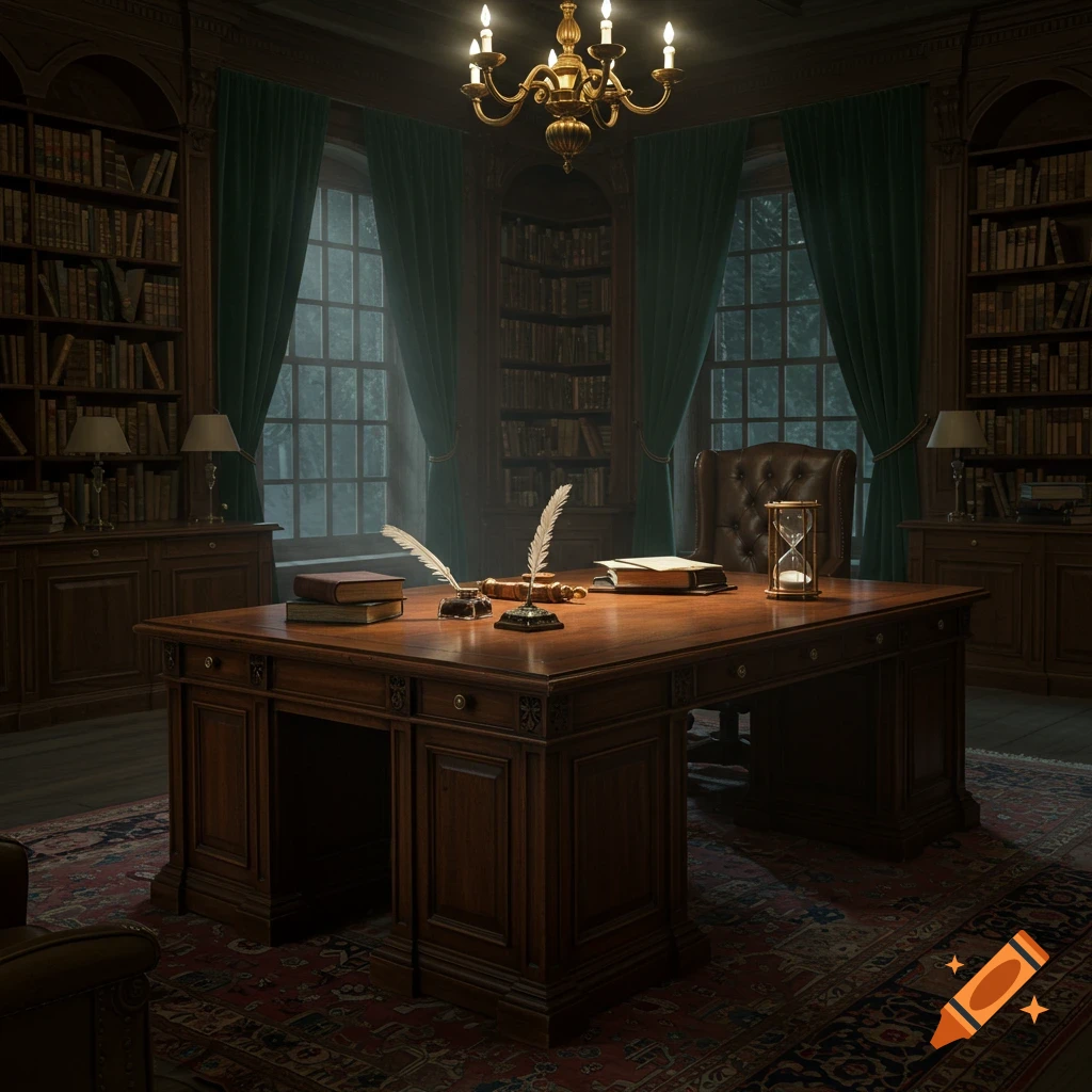 A dark, elegant library office with a mahogany desk, quills, books, and an hourglass. Bookshelves line the walls.