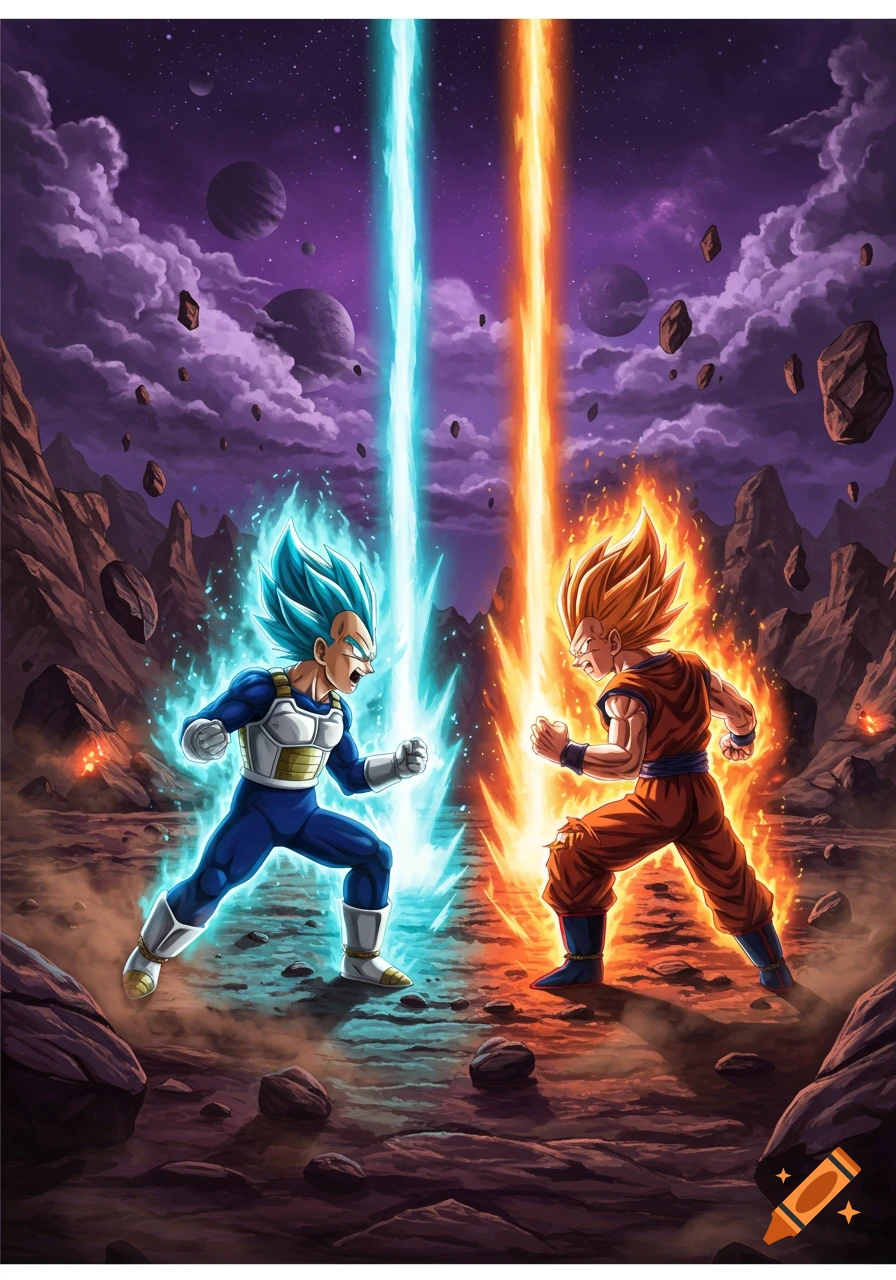 Vegeta and Goku battle, surrounded by blue and orange energy, in a dynamic, stylized scene with a stormy sky and floating rocks.