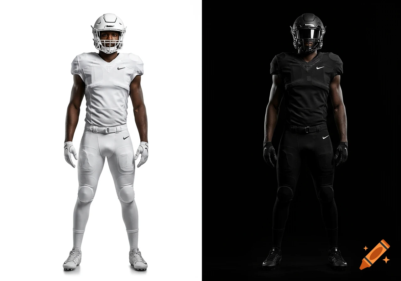 Two photorealistic American football players, one in all white uniform on white background, one in all black uniform on black background.