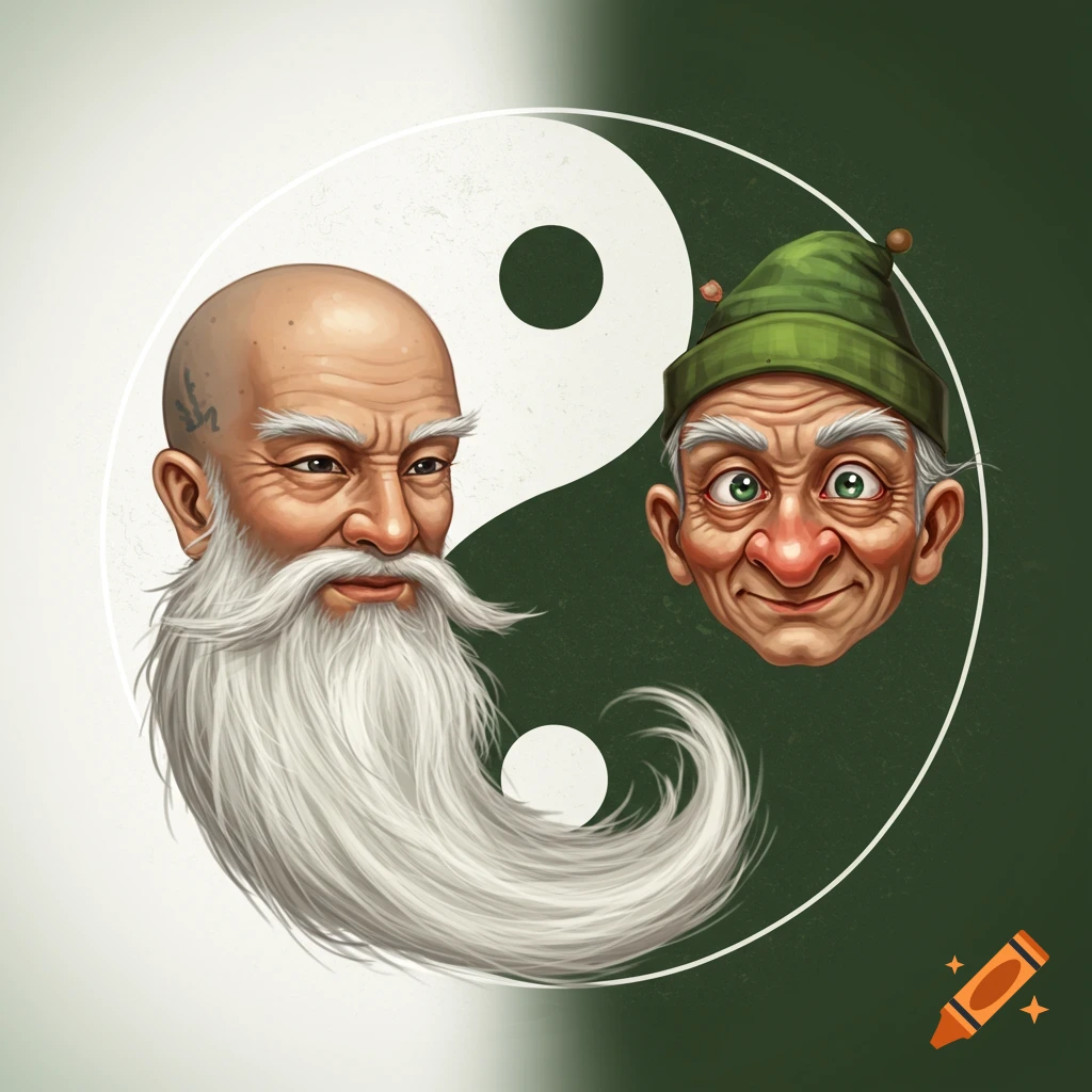 An illustration of a yin-yang symbol, with one half featuring a wise bald old man with a long white beard and the other half an old man with a green hat and a large nose.