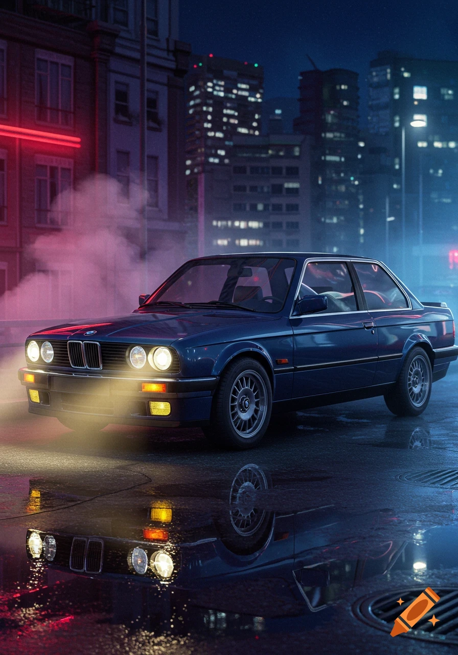 A dark blue vintage BMW E30 coupe on a wet city street at night, illuminated by headlights and neon signs.