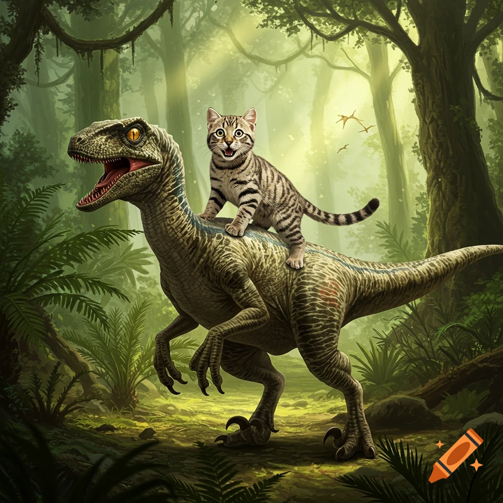 A tabby cat rides a green velociraptor in a lush, sunlit jungle.
