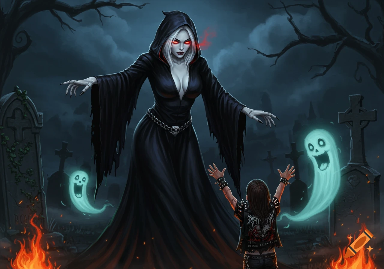 A tall, robed grim reaper woman with red eyes stands in a dark graveyard looking down at a child in death metal attire with arms raised, flanked by two cartoon ghosts and fire.