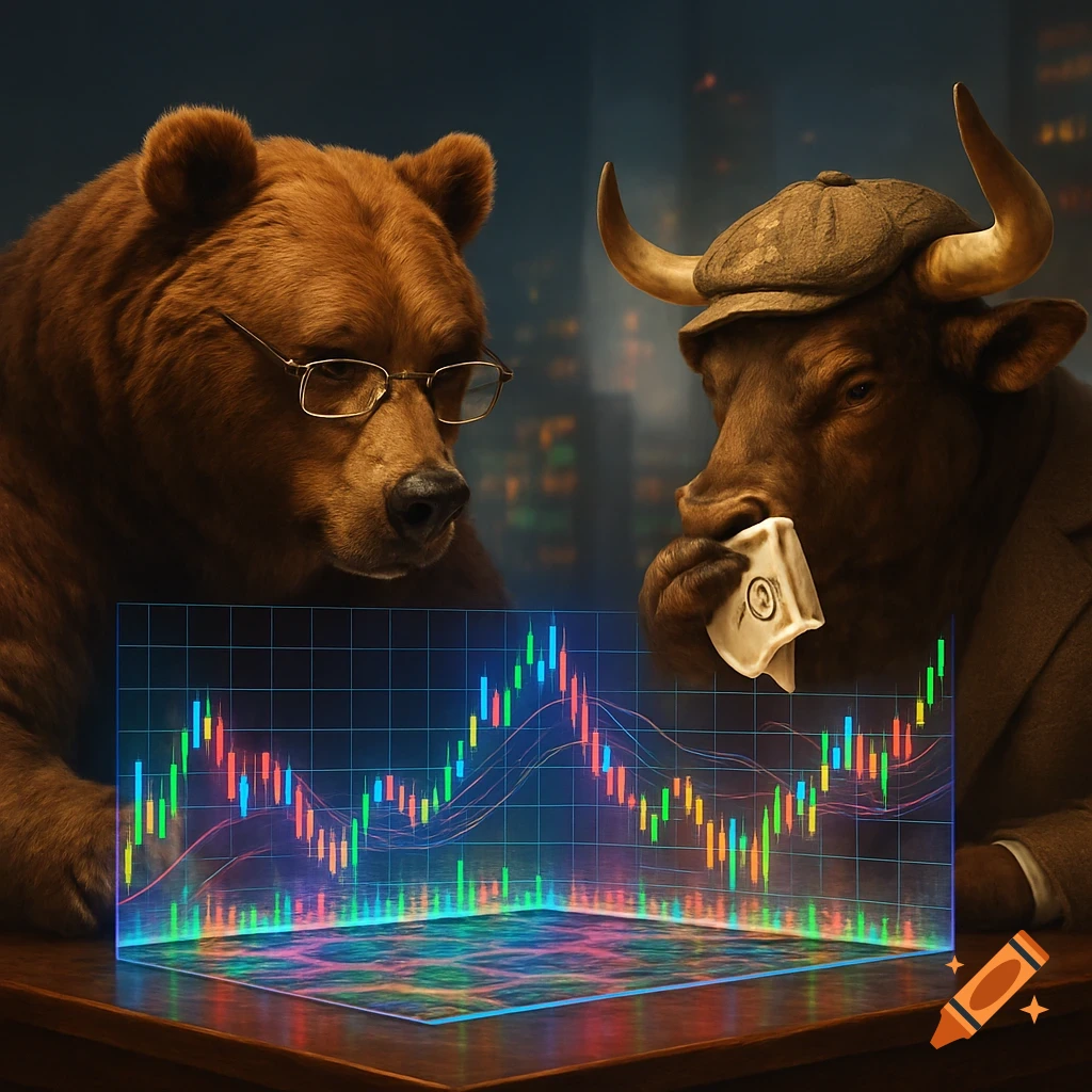 Photorealistic image of an anthropomorphic bear wearing glasses and a bull in a hat looking at a glowing, transparent stock market chart.