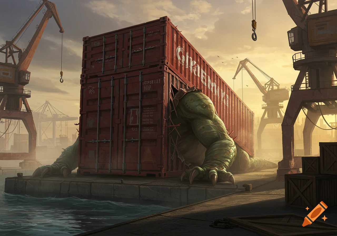 A large green monster with powerful limbs and sharp claws bursts out of a red shipping container at a dockyard, surrounded by cranes at sunset.