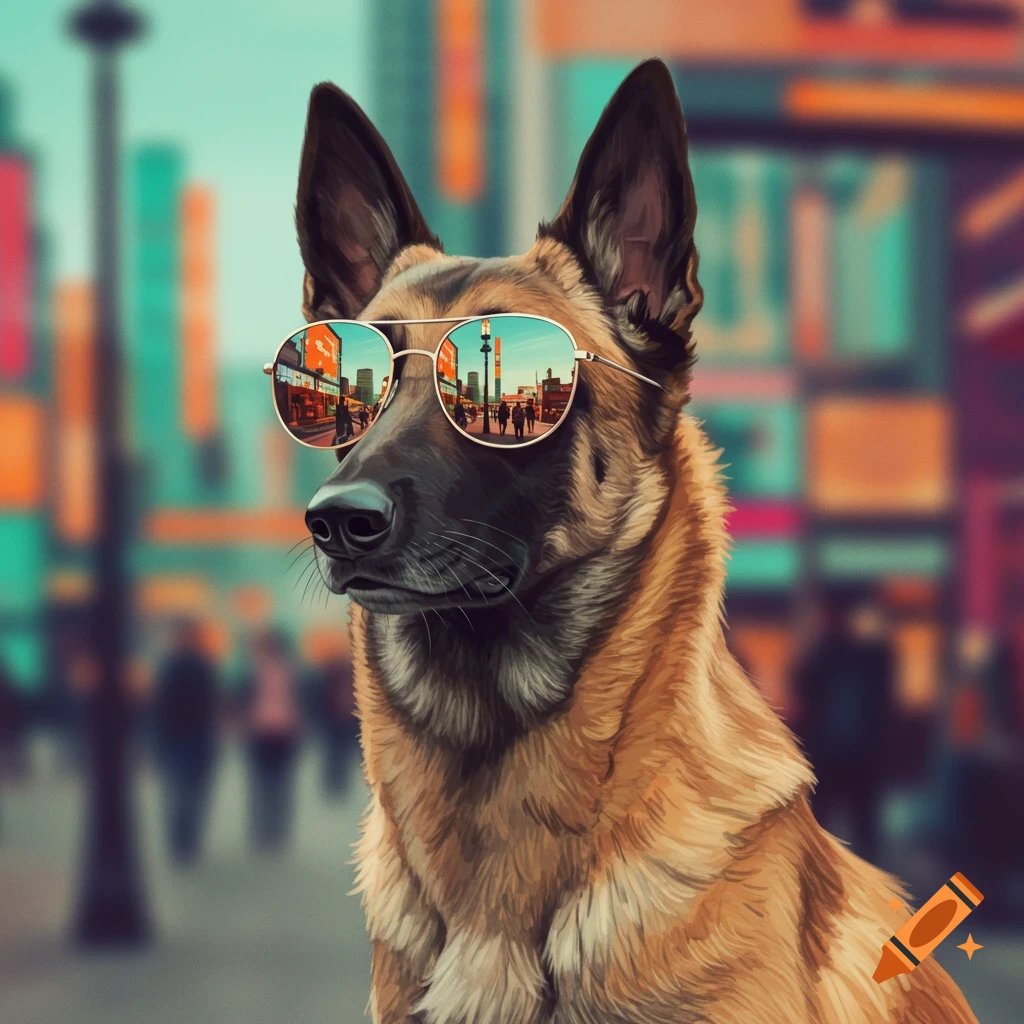 A close-up of a Belgian Malinois dog wearing reflective sunglasses with a blurred cityscape background.