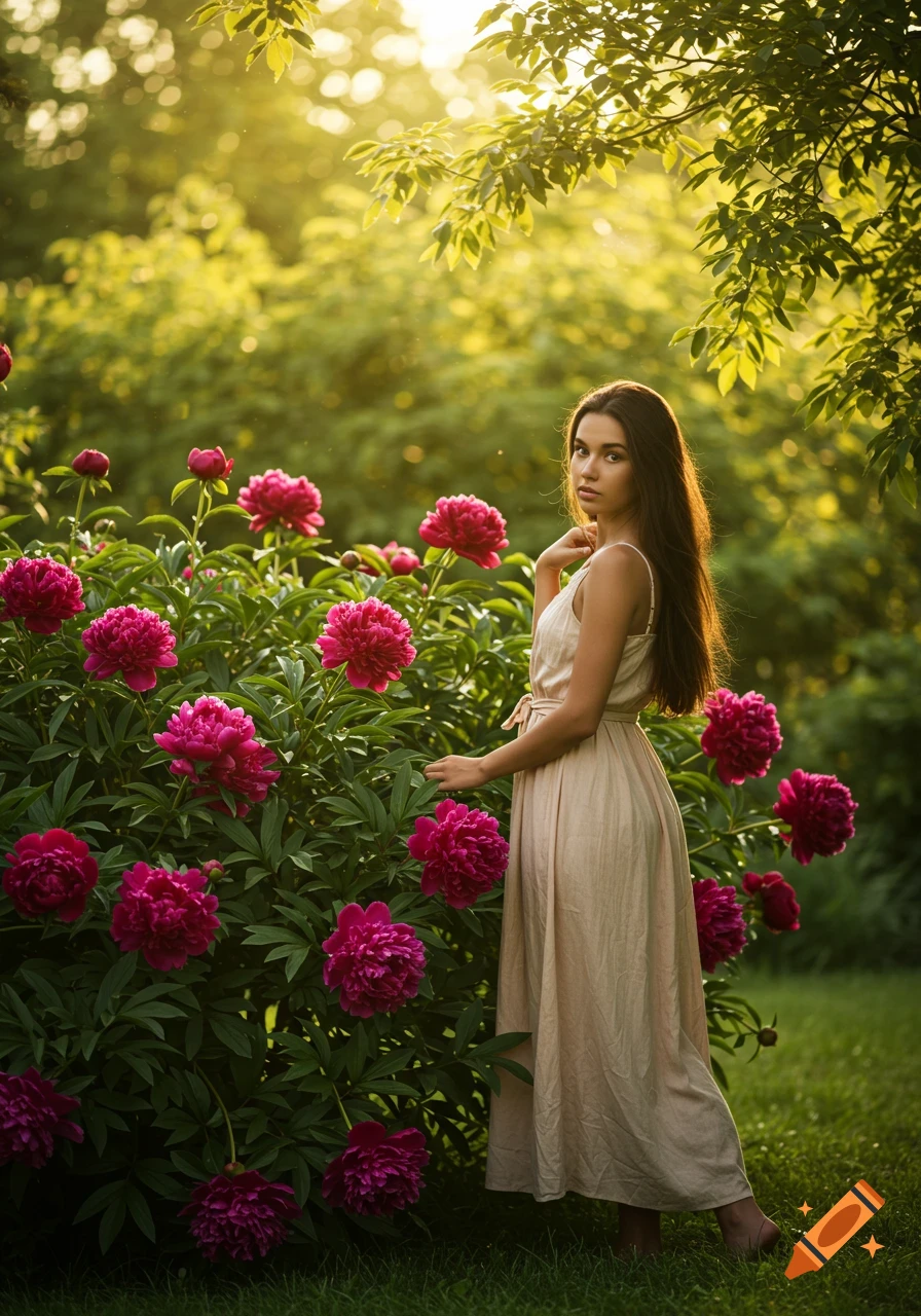 A woman in a beige dress stands next to a large bush of vibrant pink peonies in a sunlit garden, looking over her shoulder.