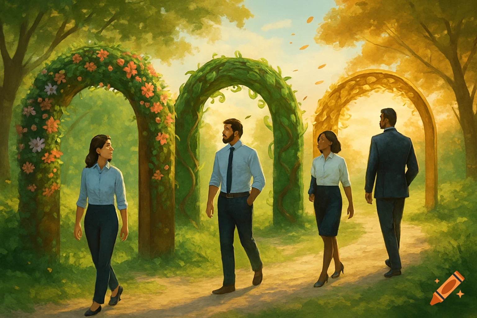 Four people in business casual walk on a path through a park with green and golden arches.