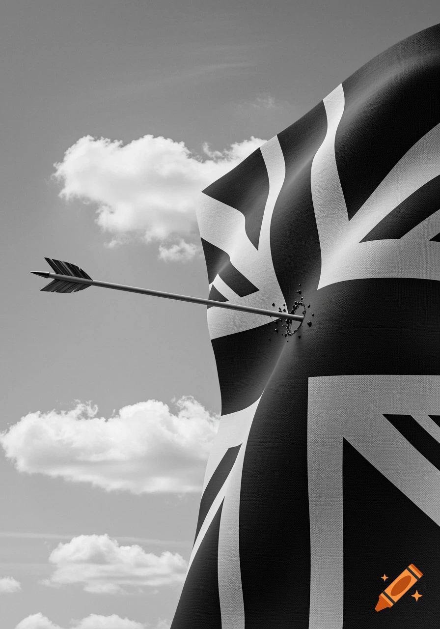 A black and white photorealistic image of a Union Jack flag pierced by an arrow against a cloudy sky.