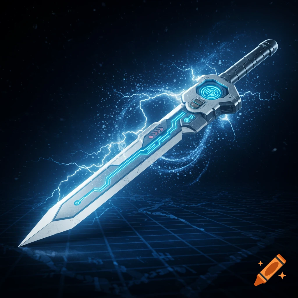 A futuristic sci-fi sword with a glowing blue blade and hilt, surrounded by electric blue lightning on a dark background.