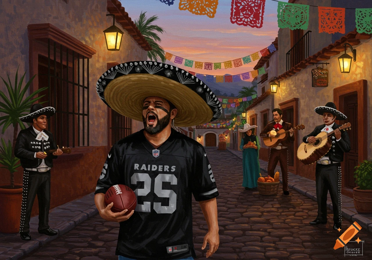 A man in a Raiders jersey and sombrero holds a football in a lively Mexican street scene with mariachis and papel picado.