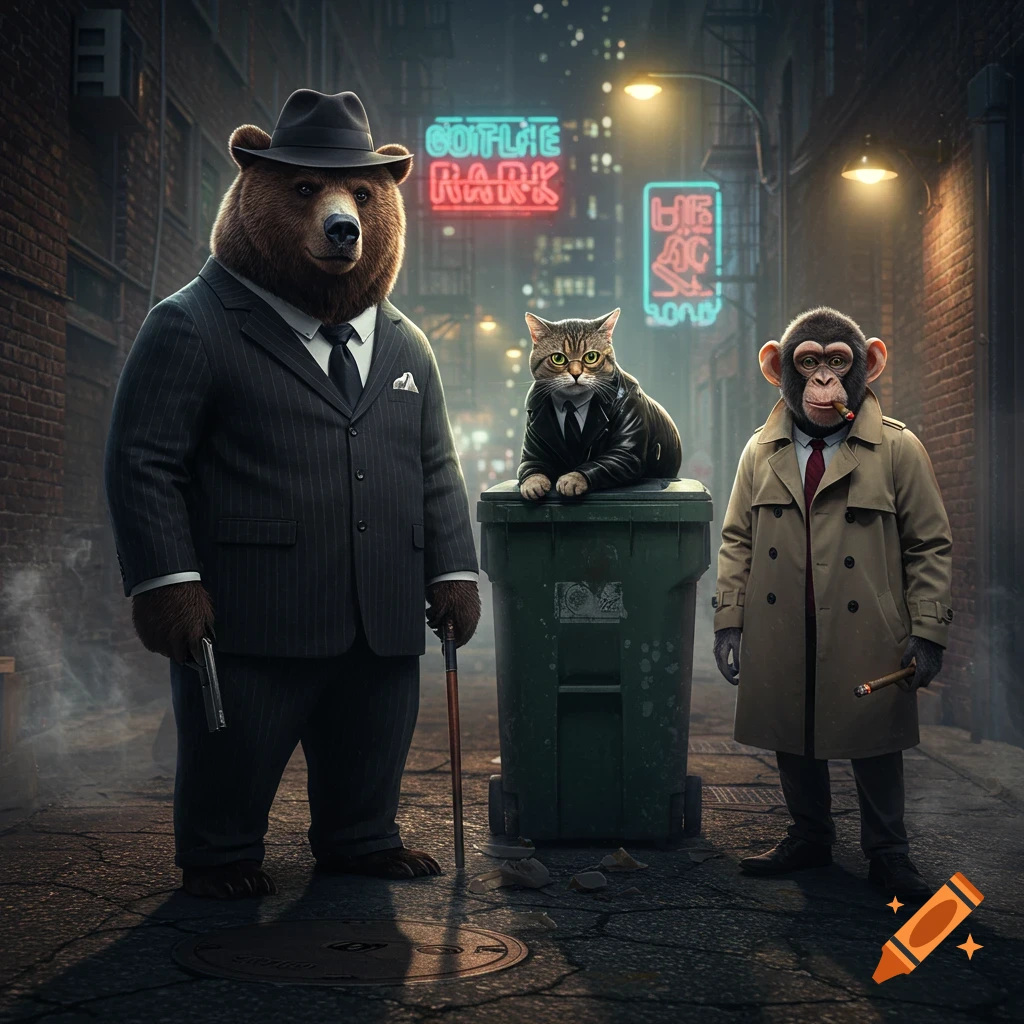 Photorealistic image of a bear, cat, and monkey dressed as gangsters in a dark city alley.