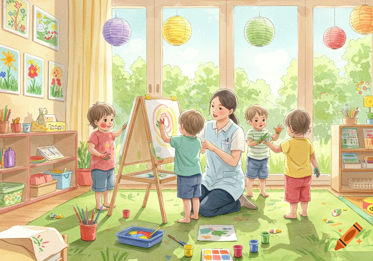 An illustration in watercolor style shows a teacher and toddlers finger painting at an easel in a bright classroom.