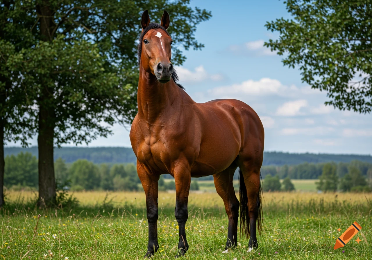 A brown horse with a white blaze stands in a green field under a blue sky with trees in the background.