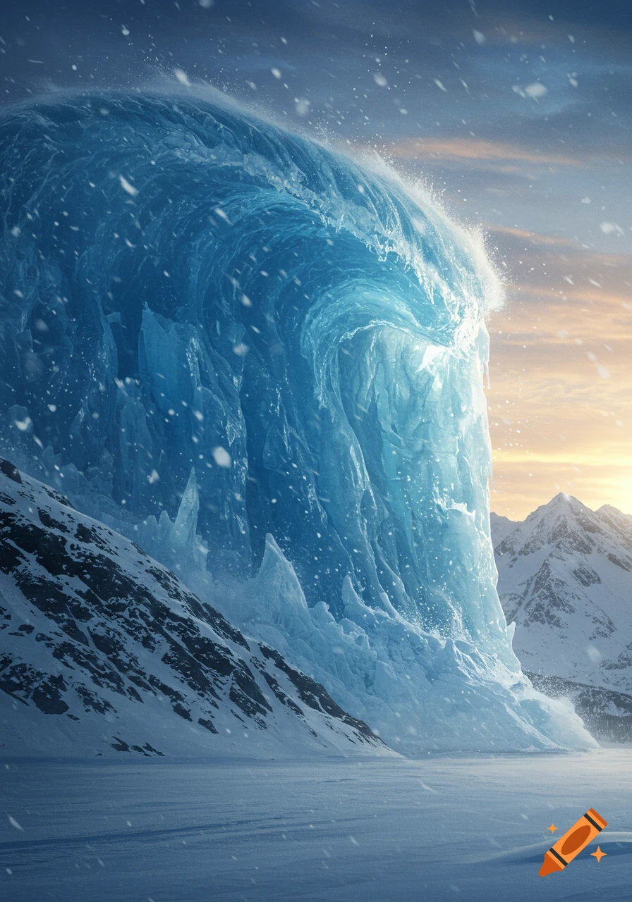 A massive frozen blue tsunami wave towers over a snowy mountain landscape.