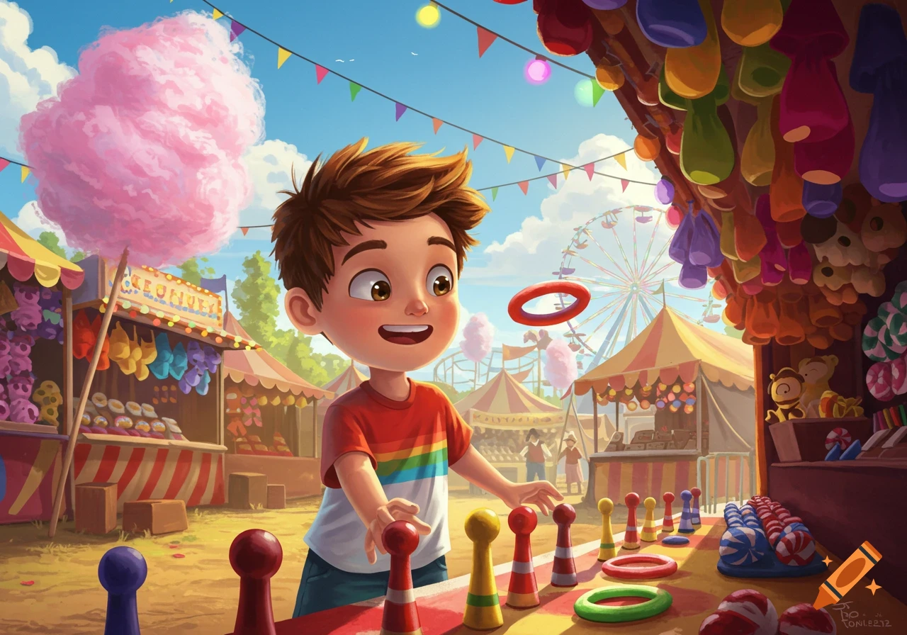 A smiling cartoon boy in a rainbow shirt plays a ring toss game at a vibrant carnival with tents, a Ferris wheel, and cotton candy.