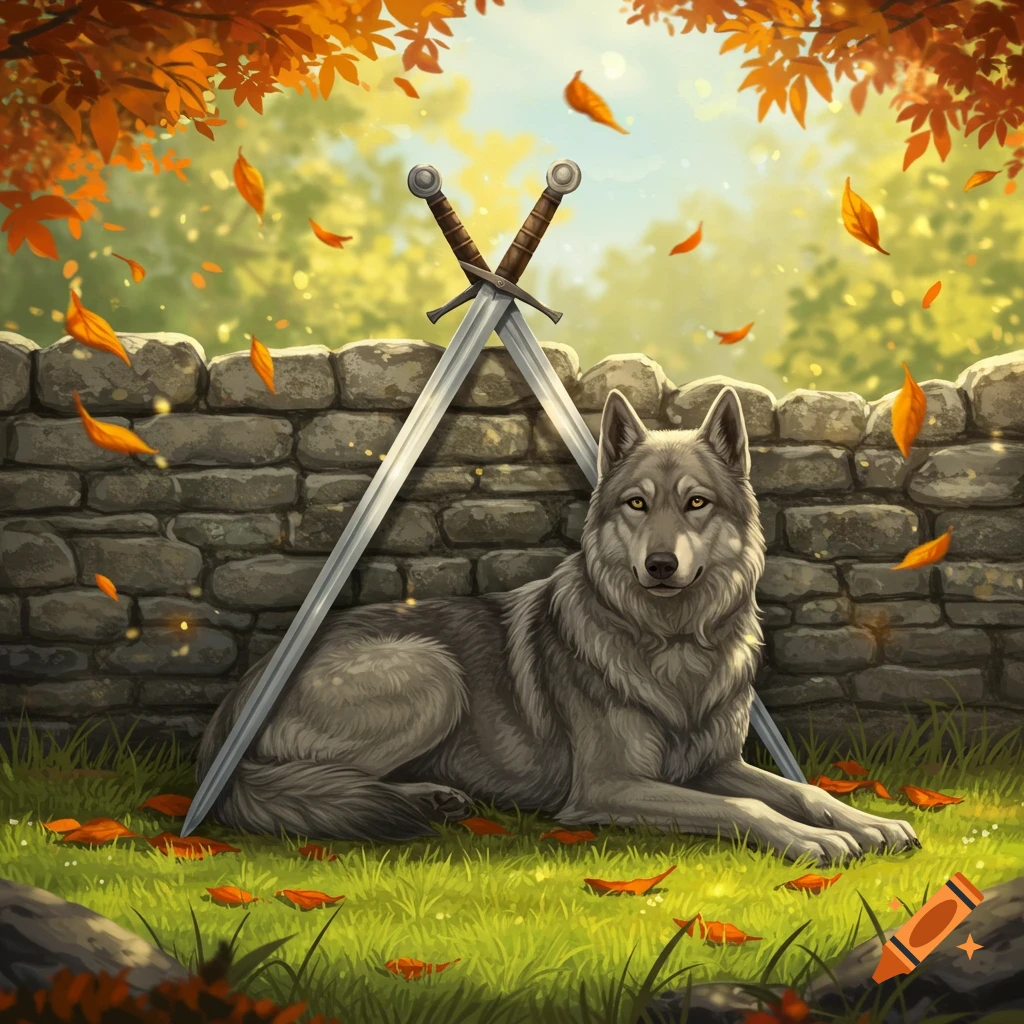 A grey wolf or wolfhound lies in grass under crossed swords and a stone wall, with orange autumn leaves falling from trees.