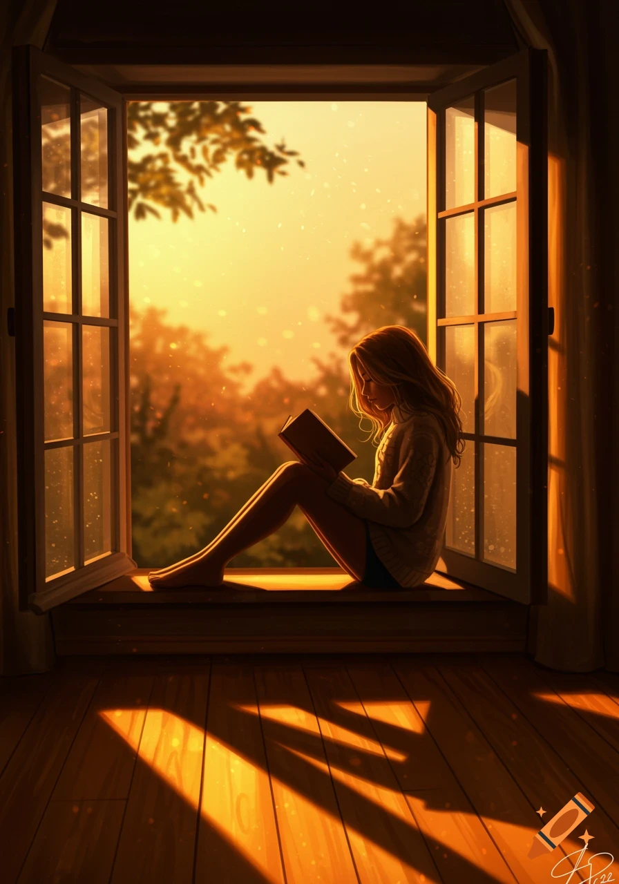 A person reads a book while sitting on a sunlit window sill, with a golden sunset outside. Warm light casts sharp shadows on the wooden floor.