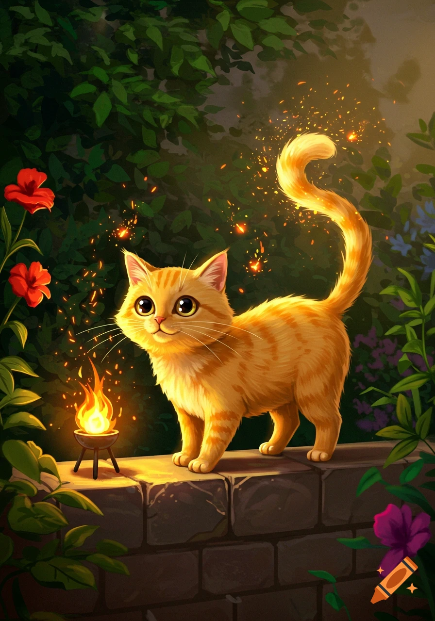 A cute orange tabby cat with large eyes stands on a brick wall, with a small brazier of fire and glowing embers around it, surrounded by lush green foliage and red flowers at dusk.