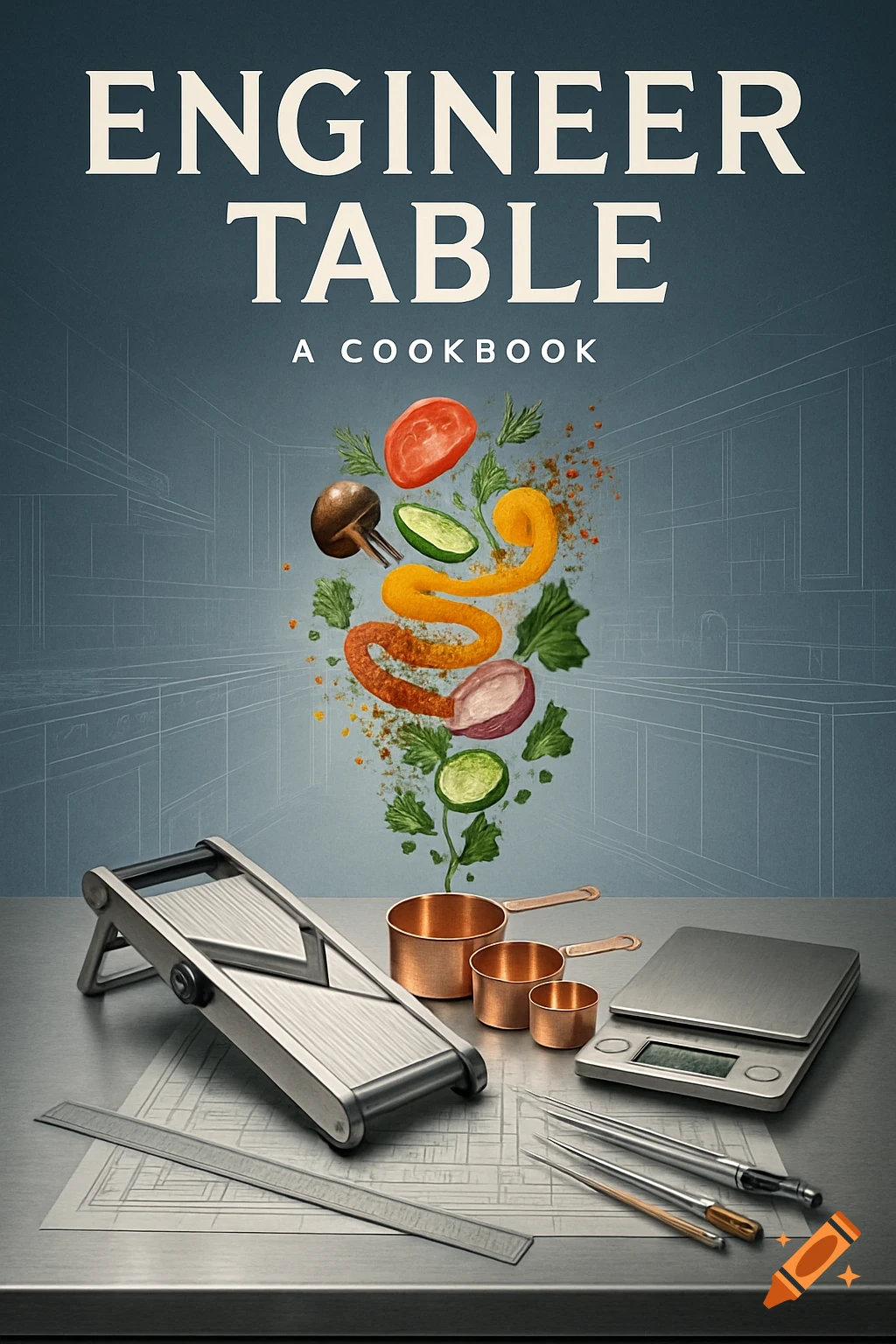 Cookbook cover for 'Engineer Table' showing kitchen tools like a mandoline and copper pots on a blueprint, with floating vegetables and spices.