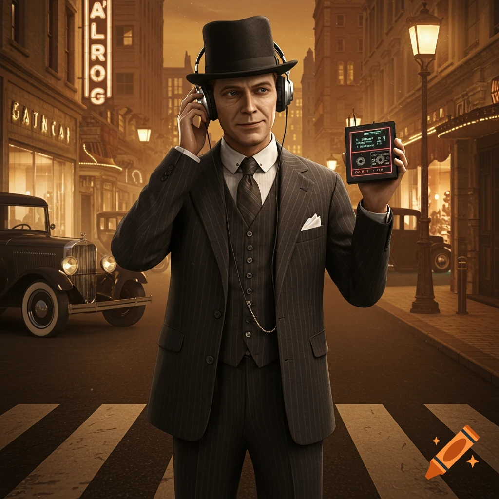 A man in a 1920s pinstripe suit and top hat stands on a street, wearing headphones and holding a portable music player.