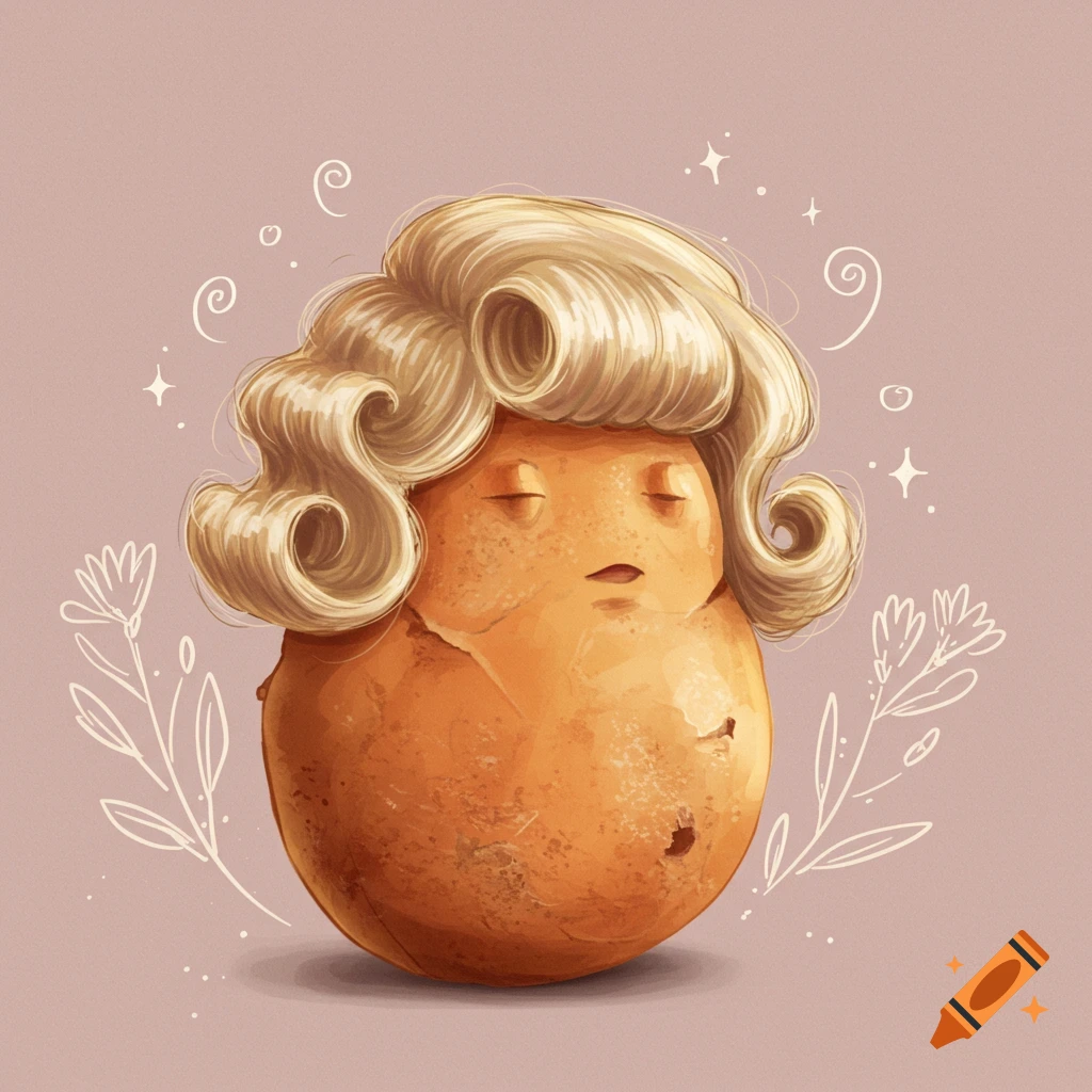 A whimsical illustration of an orange potato character with a blond curly wig, closed eyes, on a light pink background with floral accents.