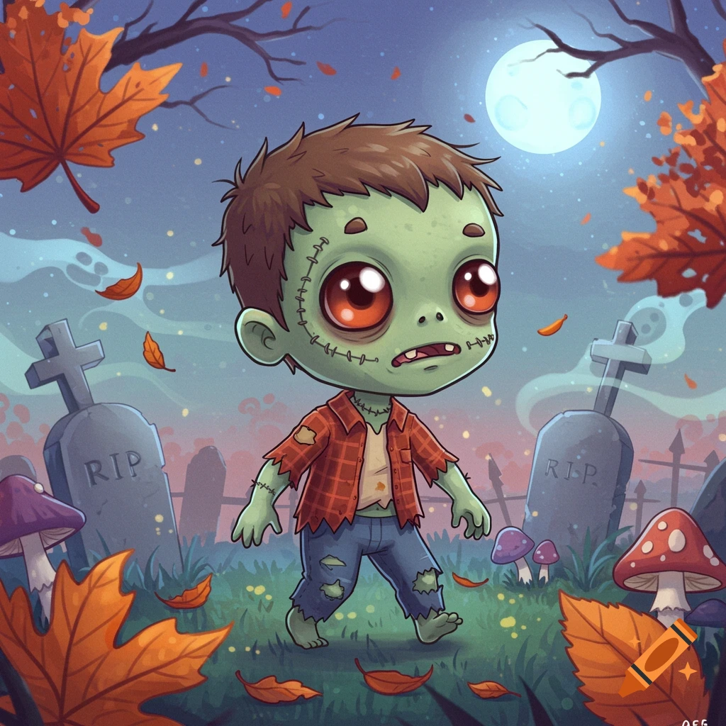 A cute cartoon chibi zombie with stitches stands in a graveyard at night under a full moon, surrounded by autumn leaves and mushrooms.