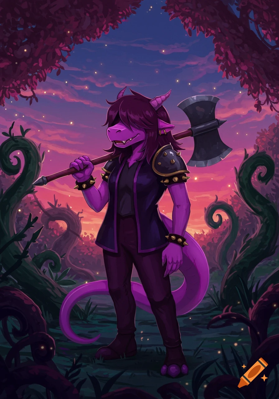 A purple reptilian character, Susie from Deltarune, stands in a twilight forest holding a large axe.