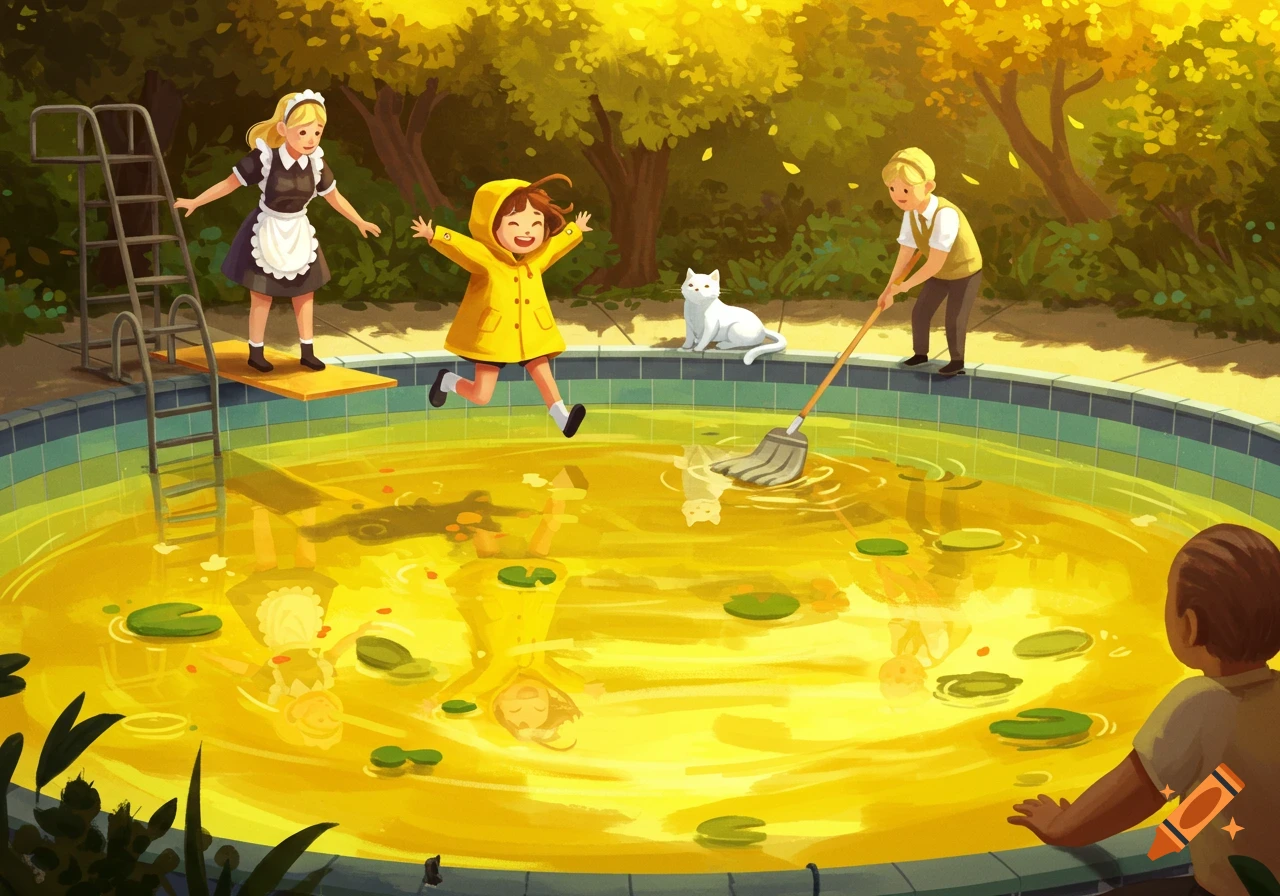 A blonde maid and a girl in a yellow raincoat by a pool. The girl in yellow jumps towards the golden water, as a boy mops the water and a white cat sits by the pool's edge. Another boy watches.