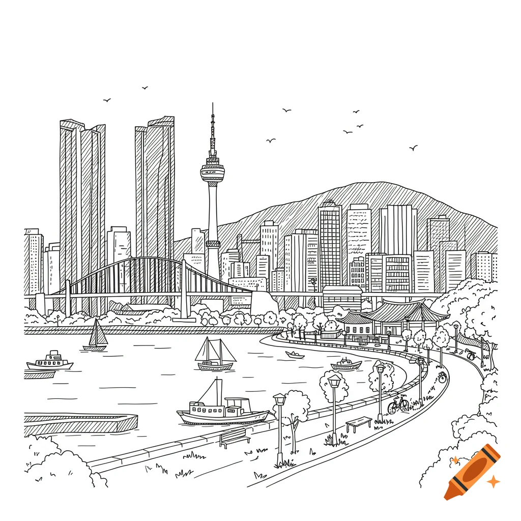 A black and white hand-drawn line art illustration of a city skyline with skyscrapers, a tower, a bridge, boats on water, and a riverside park with trees.
