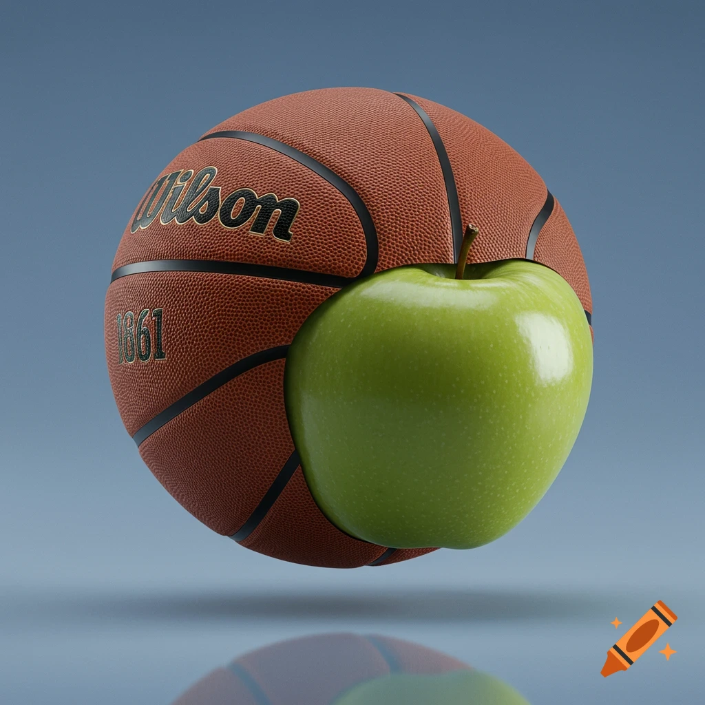 A realistic image of a basketball with a green apple embedded into its side.