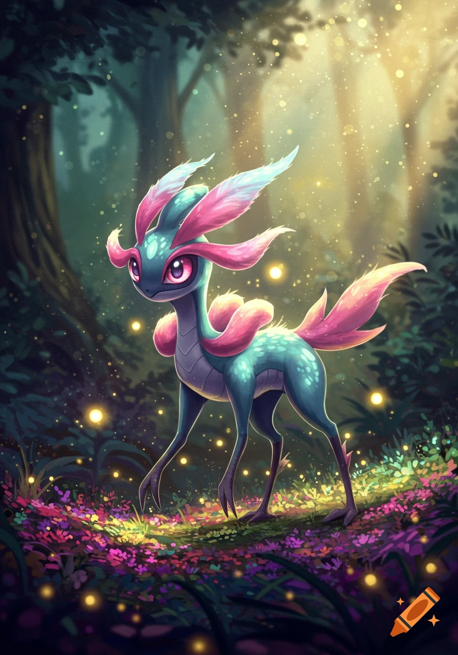 A vibrant teal, pink, and purple creature resembling a Pokémon with large eyes and feathery ears stands in a magical forest filled with glowing fireflies.