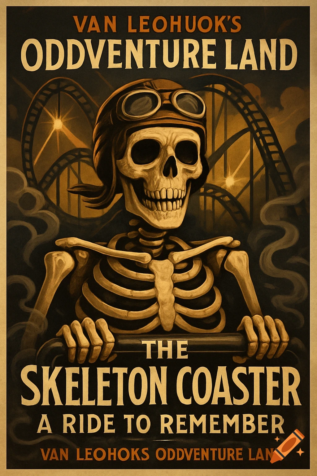 A vintage-style poster depicting a skeleton wearing a pilot's helmet and goggles, holding onto a bar, against a backdrop of a roller coaster at night. Text reads "Van Leohook's Oddventure Land" and "The Skeleton Coaster: A Ride to Remember."
